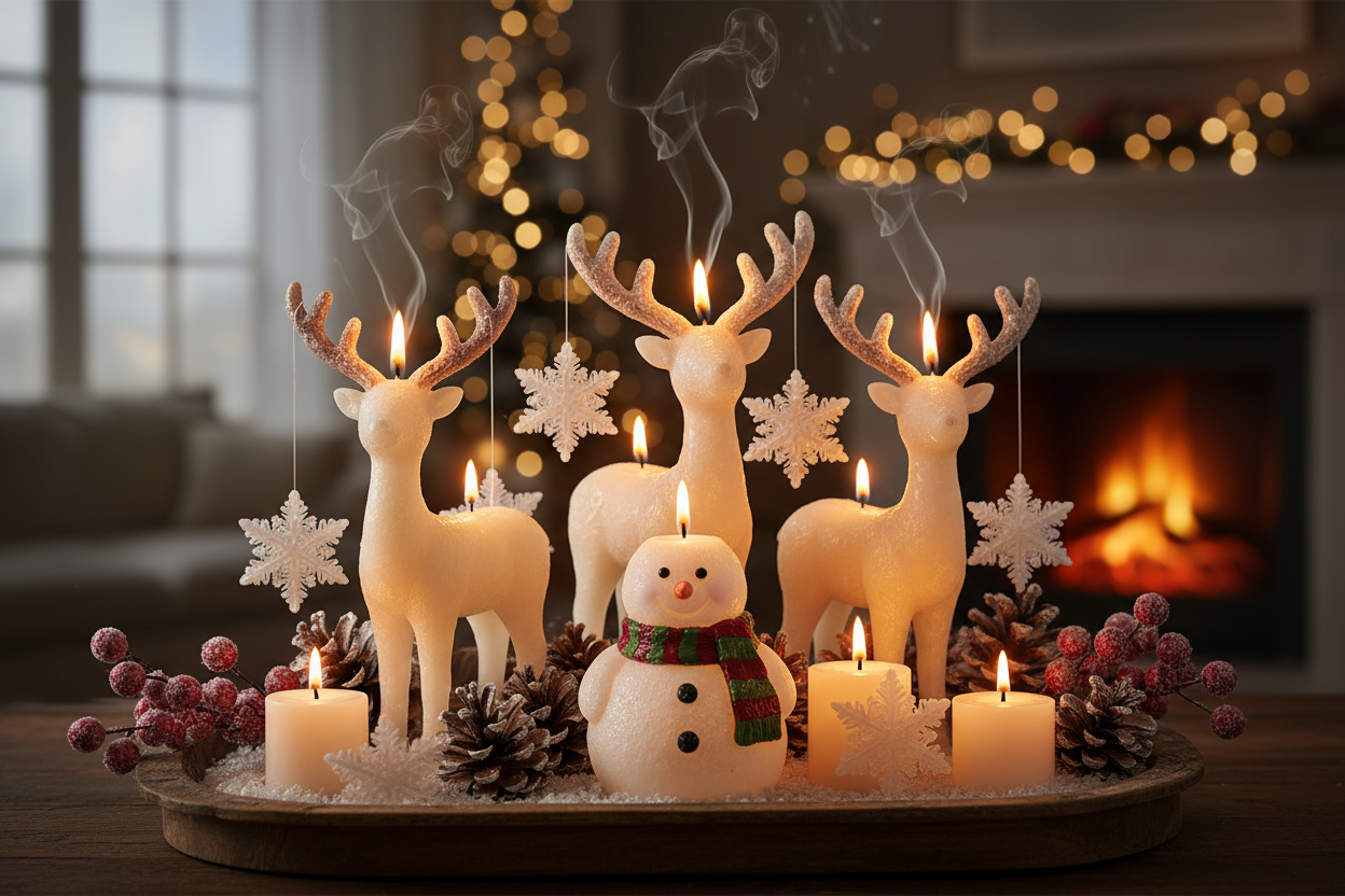 foto renne, fiocchi di neve, pupazzo di neve in cera candele accese