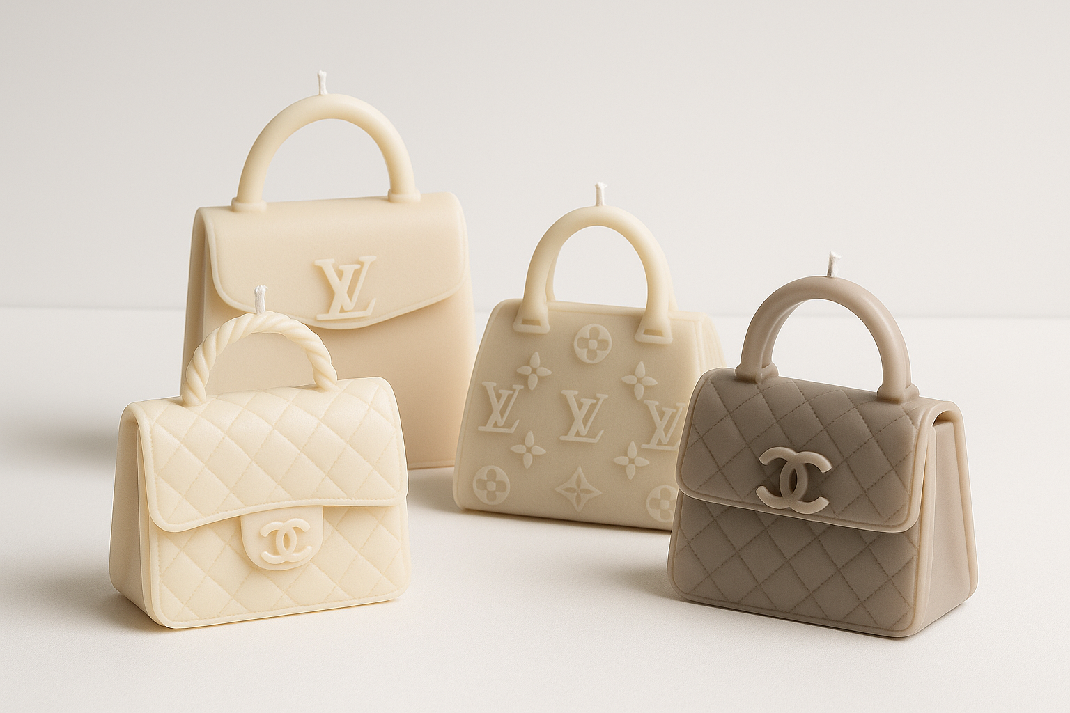 immagine dai colori neutri, borsette in cera con brand di marca chanel lv ecc